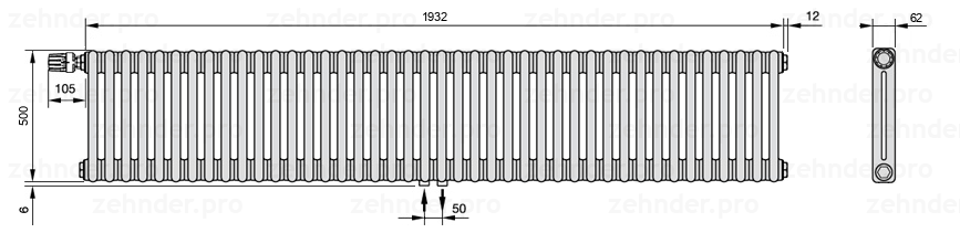Схема (чертеж) Радиатор Zehnder Charleston 2050/42 №V007 Белый глянцевый RAL 9016